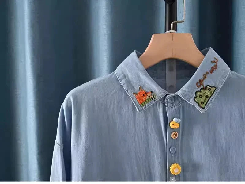 Harajuku Y2K Denim Shirt, Women's Spring Top, Floral Embroidery, Long Sleeve.