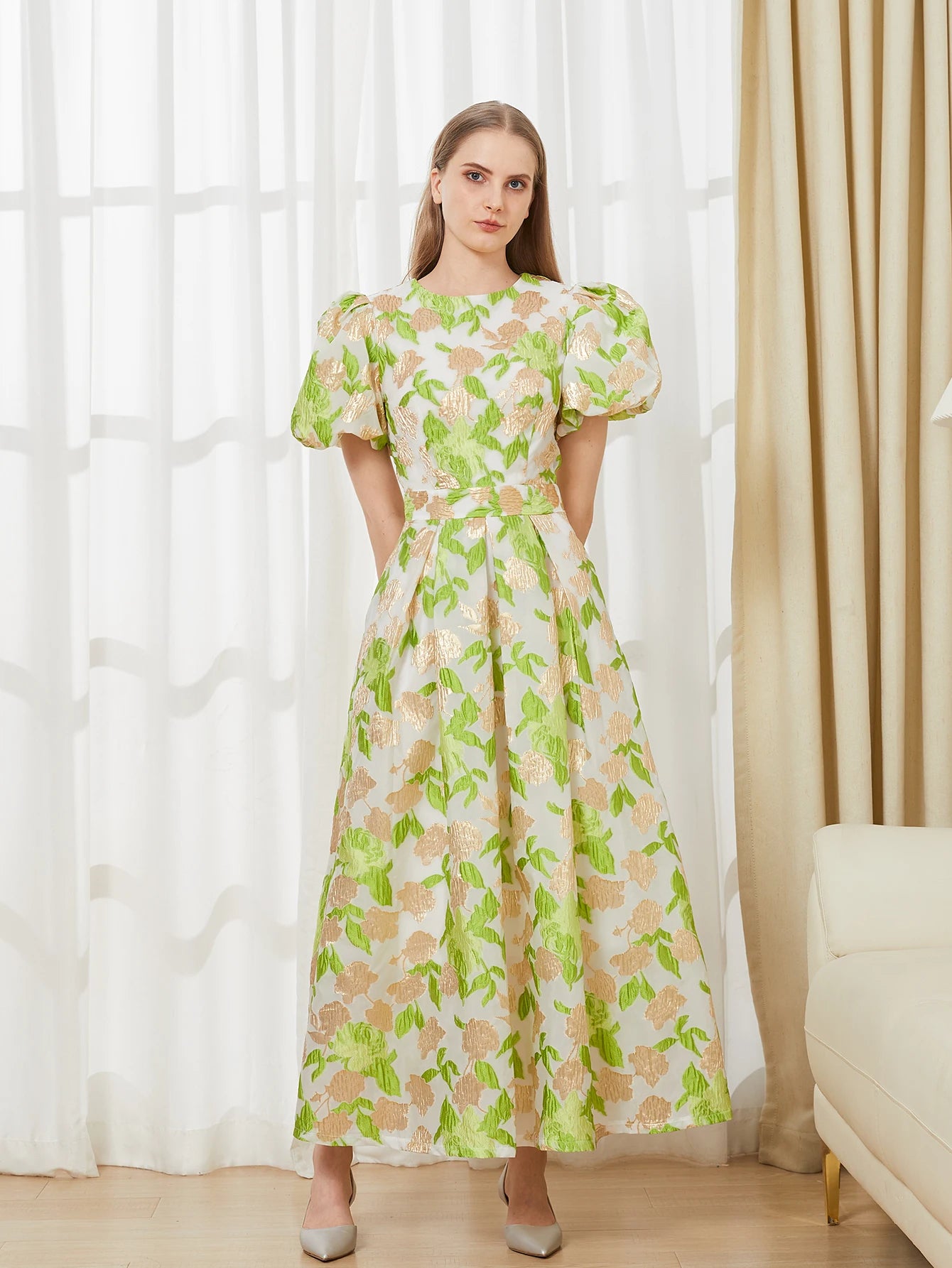 Luxury Women’s Puff Sleeve Embroidered Jacquard Party Dress – Elegant Prom Gown