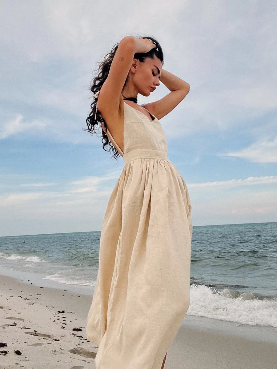 Backless Pleated Halter Dress – Summer Casual Beach Vacation