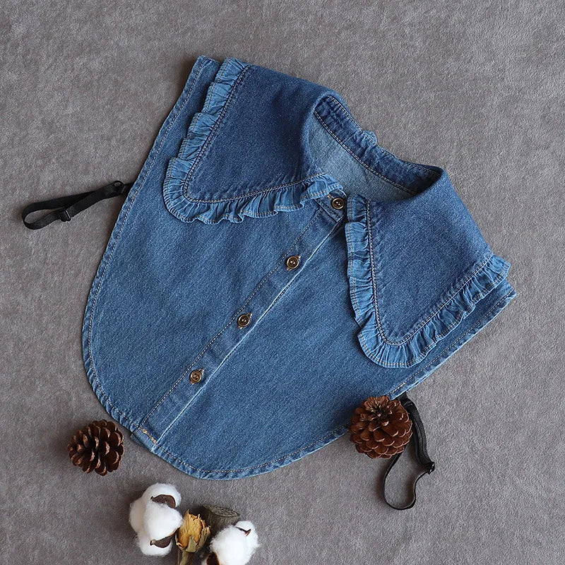 Fashion Denim Ruffle Fake Collar Shirt for Women, Detachable Lapel, Tie Half Blouse.