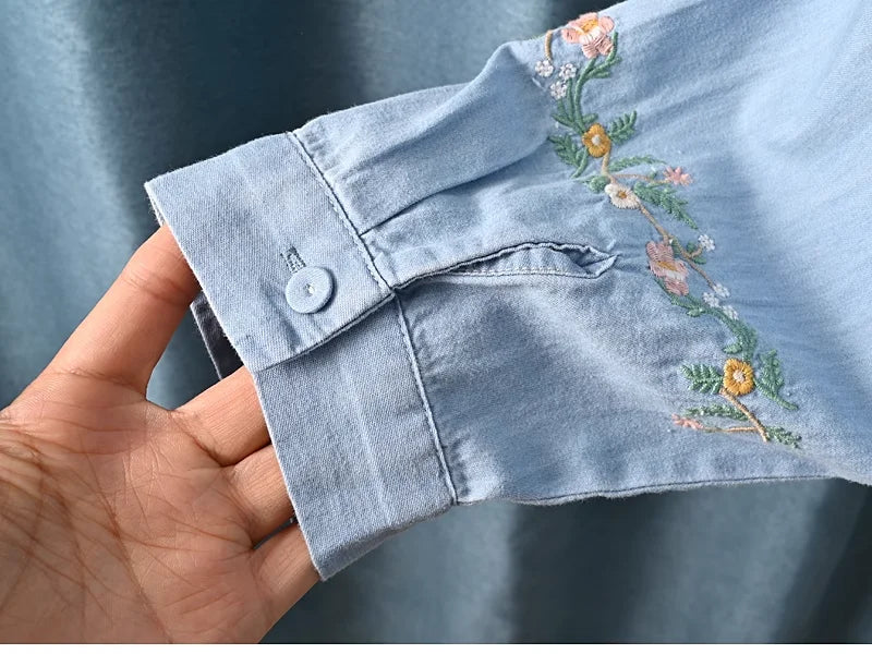 Harajuku Y2K Denim Shirt, Women's Spring Top, Floral Embroidery, Long Sleeve.