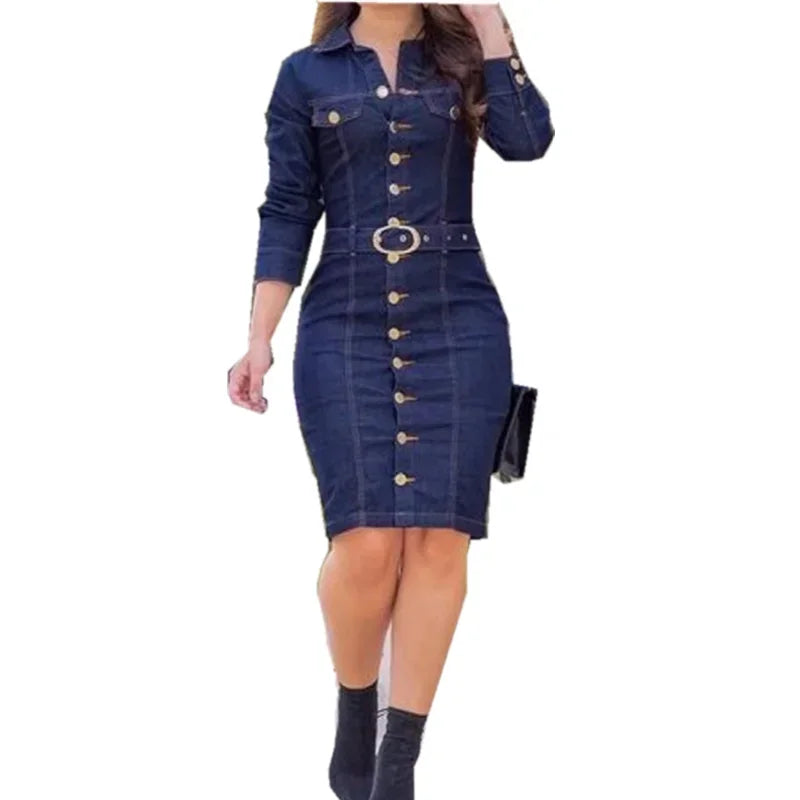 Denim Dress, Women's Lapel Slim Fit, High Waist, Long Sleeve, Single-Breasted.