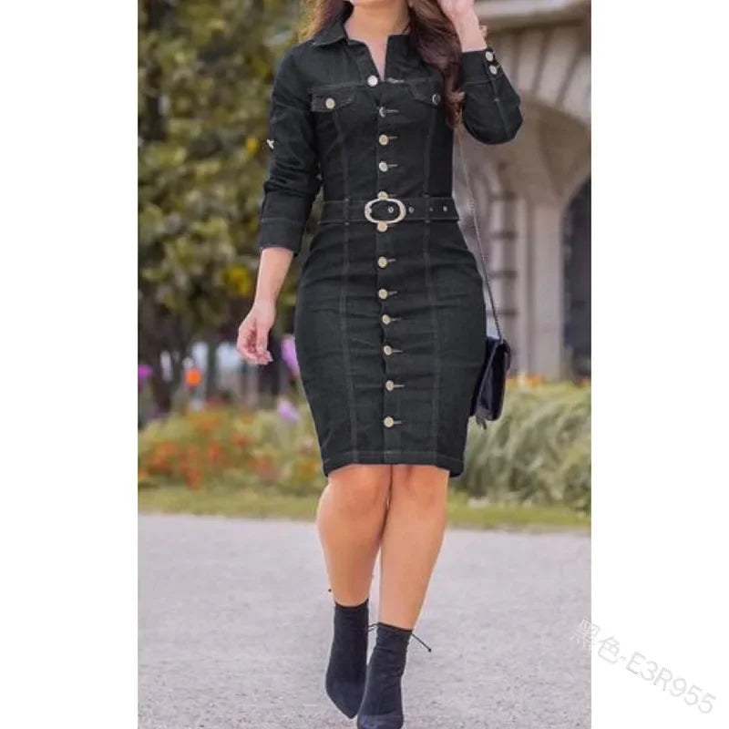 Denim Dress, Women's Lapel Slim Fit, High Waist, Long Sleeve, Single-Breasted.