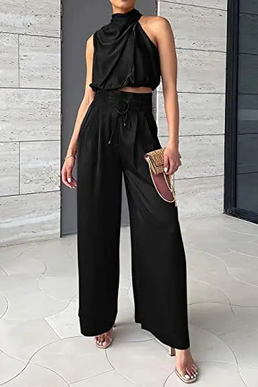 Women's 2-Piece Silk Set – Sleeveless Top & Wide Leg Pants, Summer