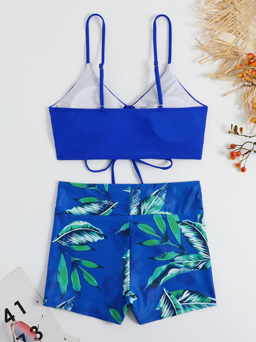2025 Tropical Bikini – High waist, tie-front shorts.