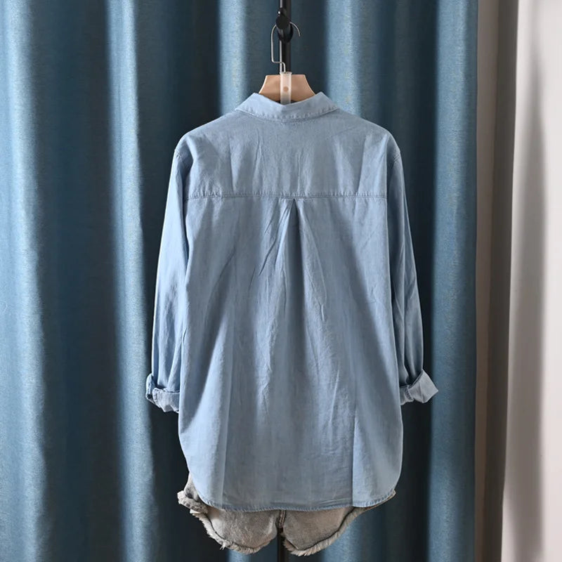 Harajuku Y2K Denim Shirt, Women's Spring Top, Floral Embroidery, Long Sleeve.