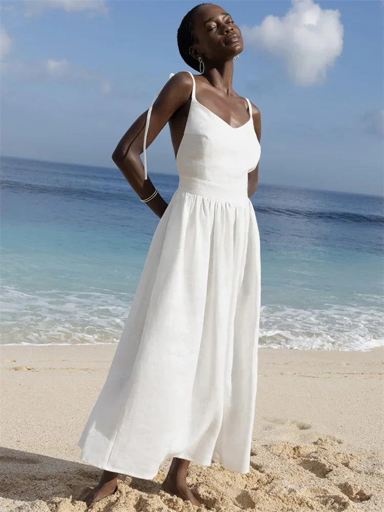 Backless Pleated Halter Dress – Summer Casual Beach Vacation