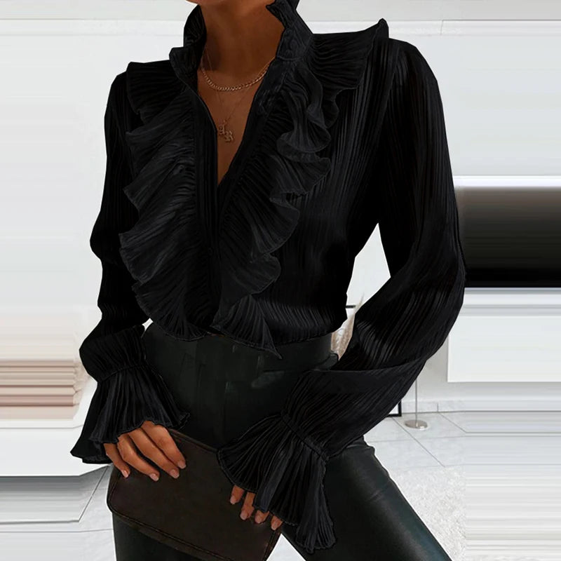 Denim Ruffled Long Sleeve Shirt, V-Neck Pleated Chiffon Blouse, Sexy Spring Office Top.