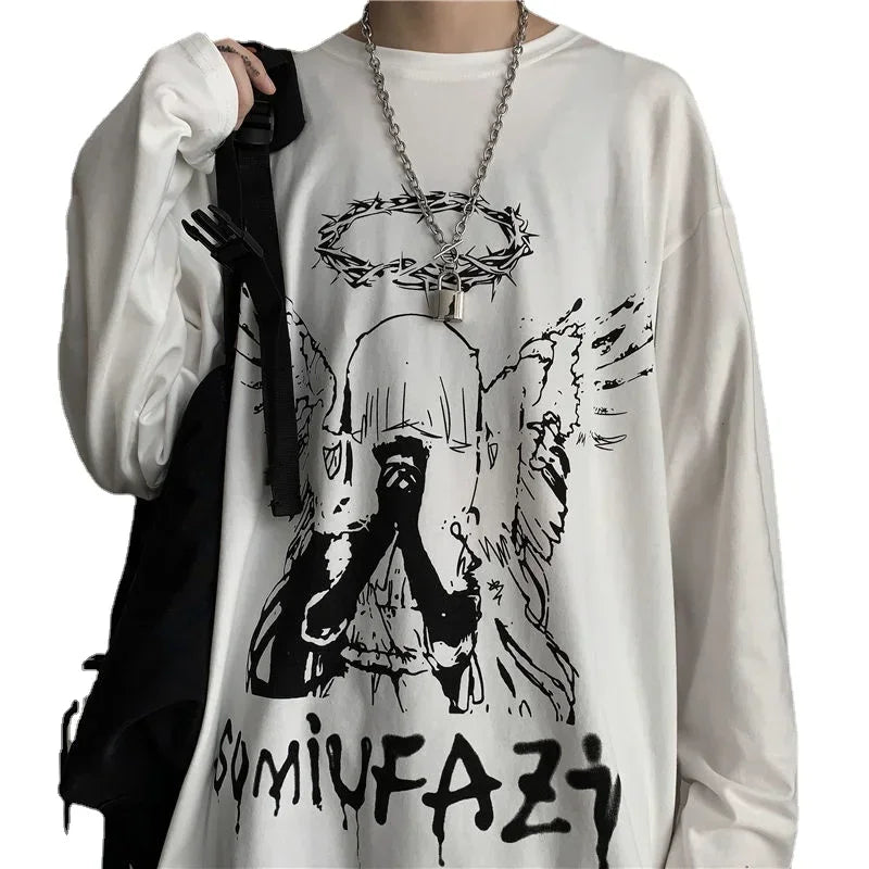 Men’s Y2K Long Sleeve T-Shirt – Oversized Anime Streetwear, Harajuku Gothic Style