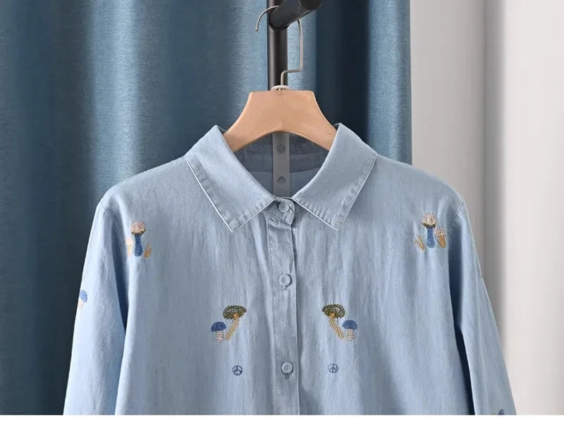 Harajuku Y2K Denim Shirt, Women's Spring Top, Floral Embroidery, Long Sleeve.