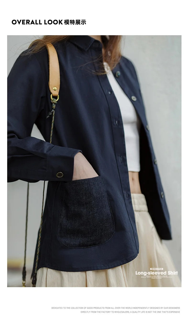 Maden Denim Patchwork Shirt, Women's Long Sleeve Casual Jacket, Navy Blue.