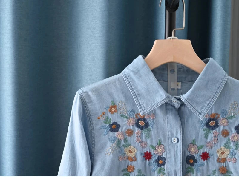 Harajuku Y2K Denim Shirt, Women's Spring Top, Floral Embroidery, Long Sleeve.