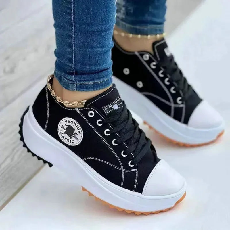 Women’s Pattern Canvas Sneakers – Casual Lace-Up Flat Shoes