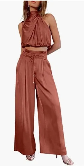 Women's 2-Piece Silk Set – Sleeveless Top & Wide Leg Pants, Summer