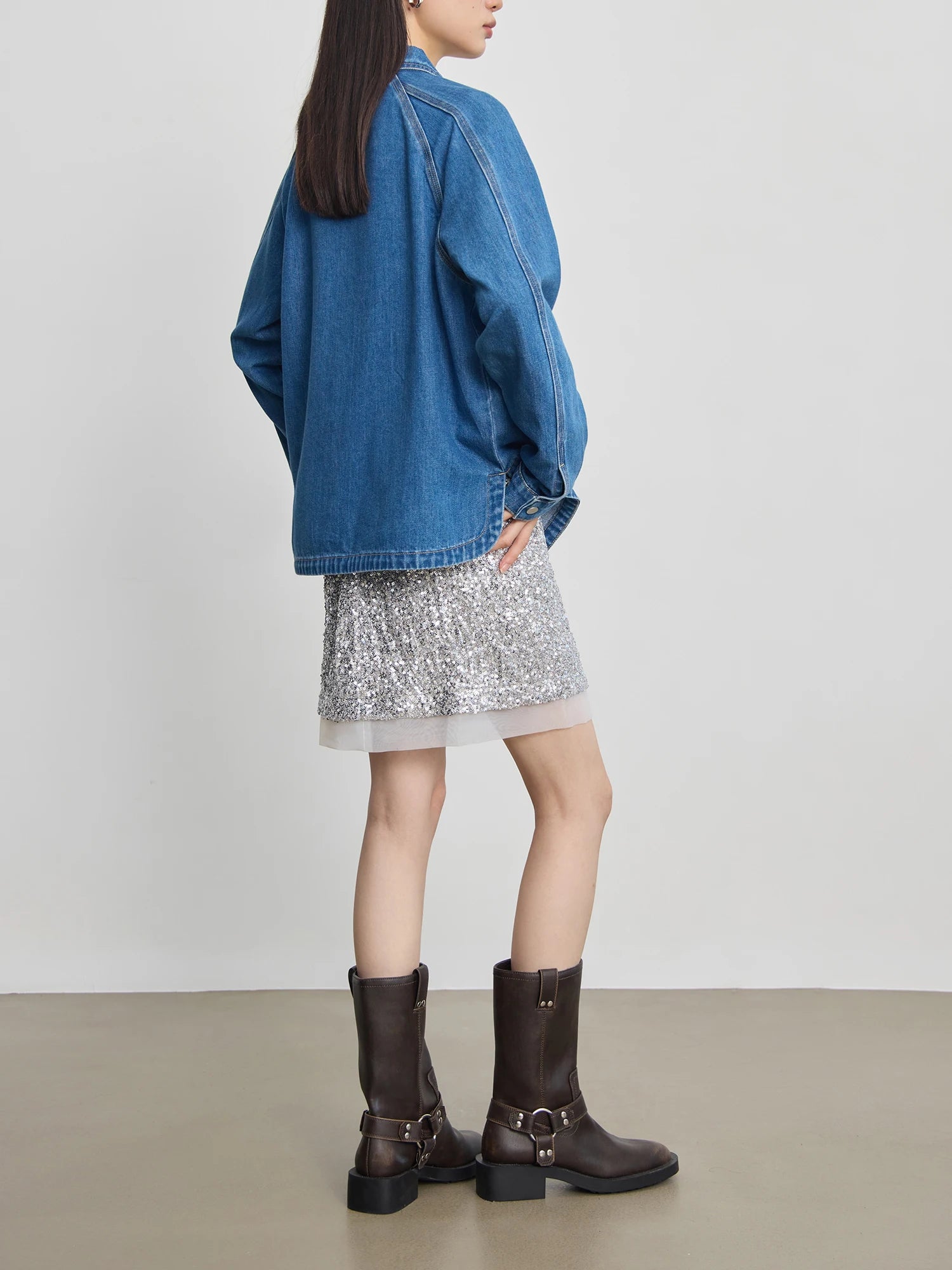 ZIQIAO Women's Loose Denim Shirt, Blue, Long Sleeve,