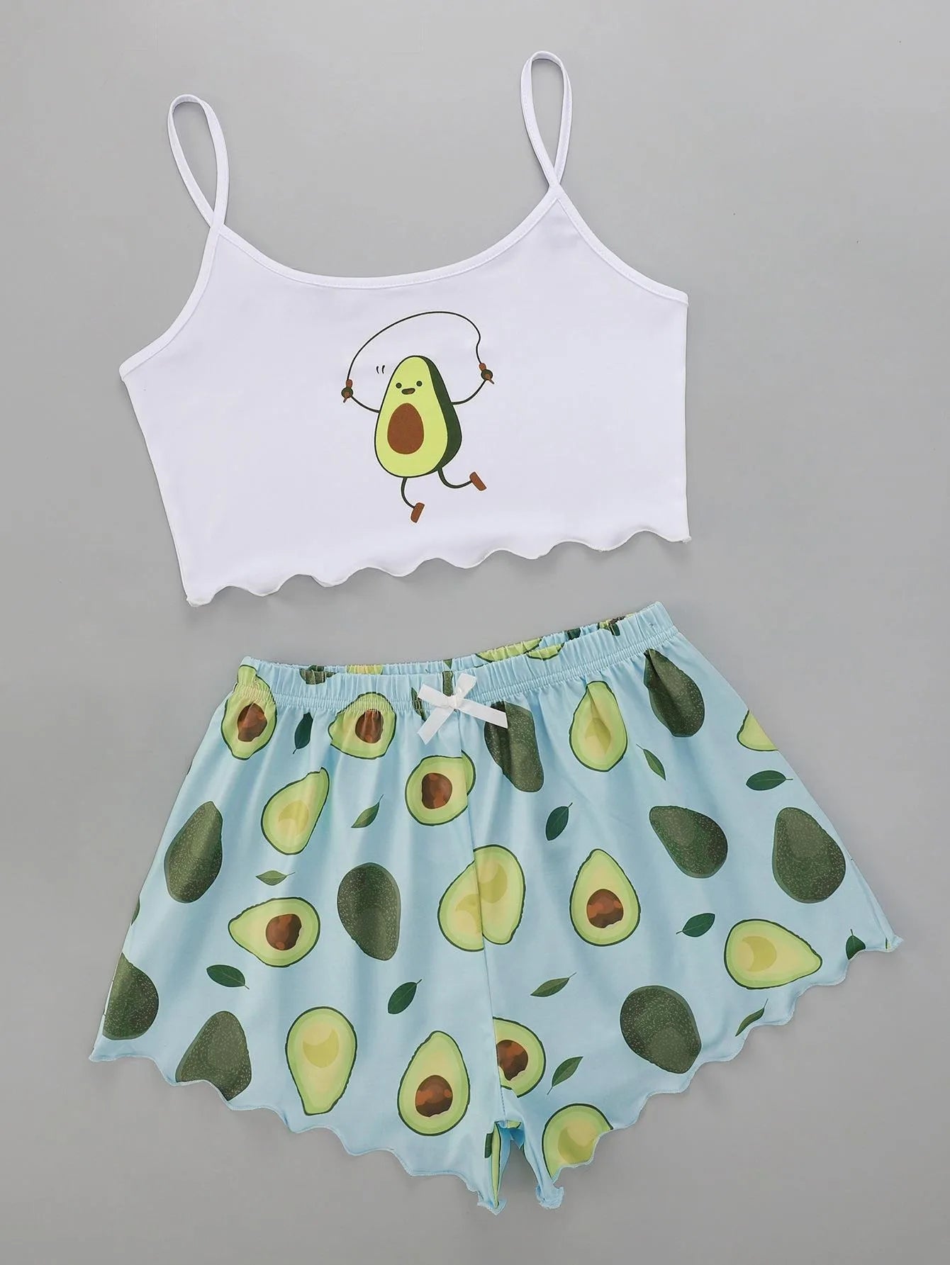 Summer avocado print pajama set, camisole & shorts sleepwear.