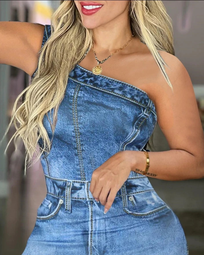 Summer Women's Denim Look Bodycon Mini Dress, One-Shoulder, Sleeveless.