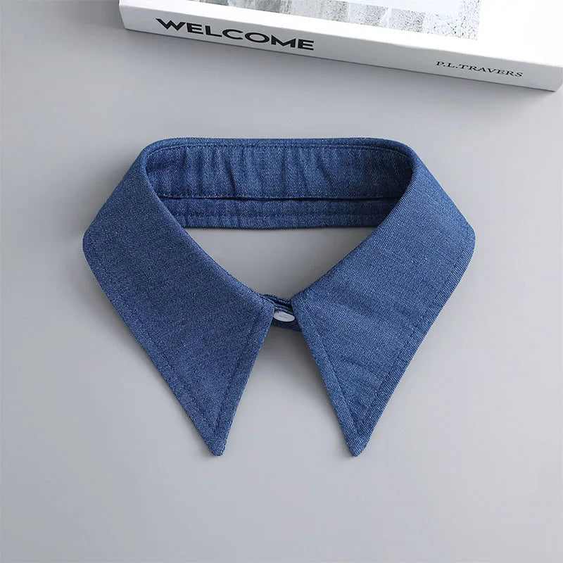 Fashion Denim Ruffle Fake Collar Shirt for Women, Detachable Lapel, Tie Half Blouse.