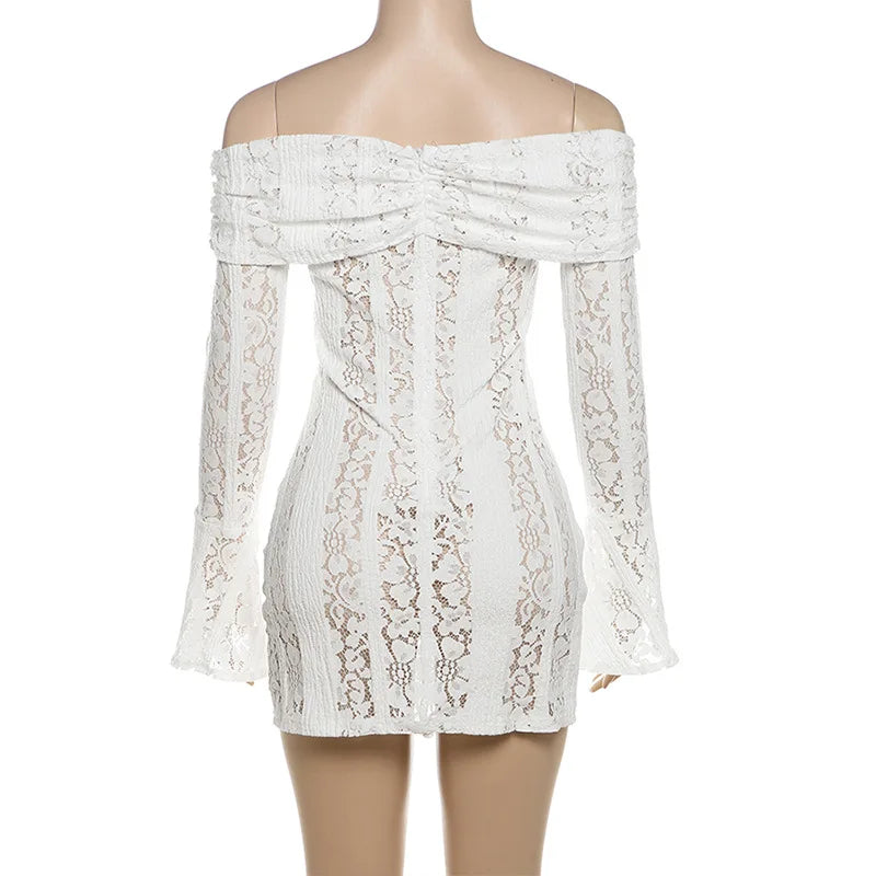 Sexy Hollow-Out Slash Neck Lace Dress – Flared Sleeves, Slim Fit Evening Party Dress
