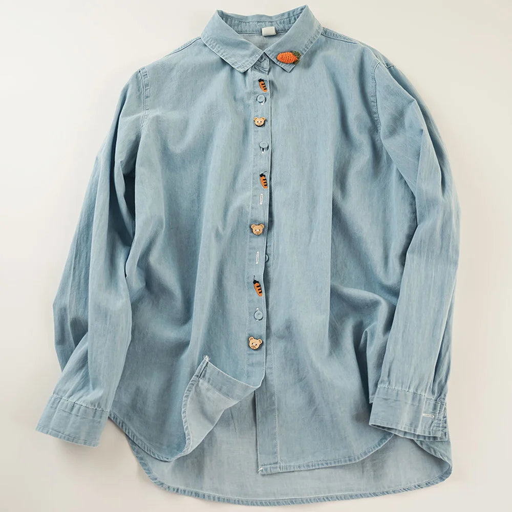 Harajuku Cotton Denim Blouse, 2025 Spring, Women's Long Sleeve Embroidered Shirt.