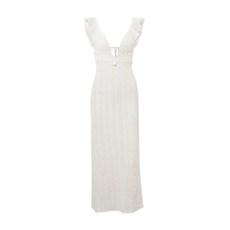 Fringed Open-Back Halter Maxi Dress – V-Neck, Sleeveless Bodycon Party Dress