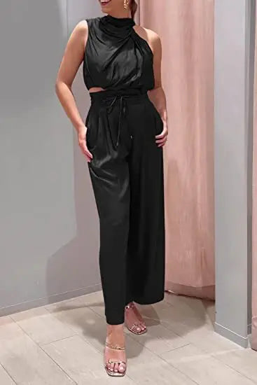 Women's 2-Piece Silk Set – Sleeveless Top & Wide Leg Pants, Summer