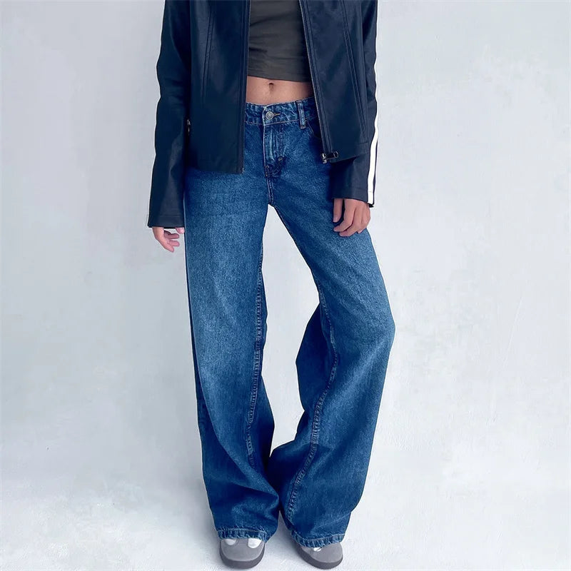 Lamuusaa Y2K Jeans for Women – Low-Waist, Wide-Leg Denim with Multi Pockets.