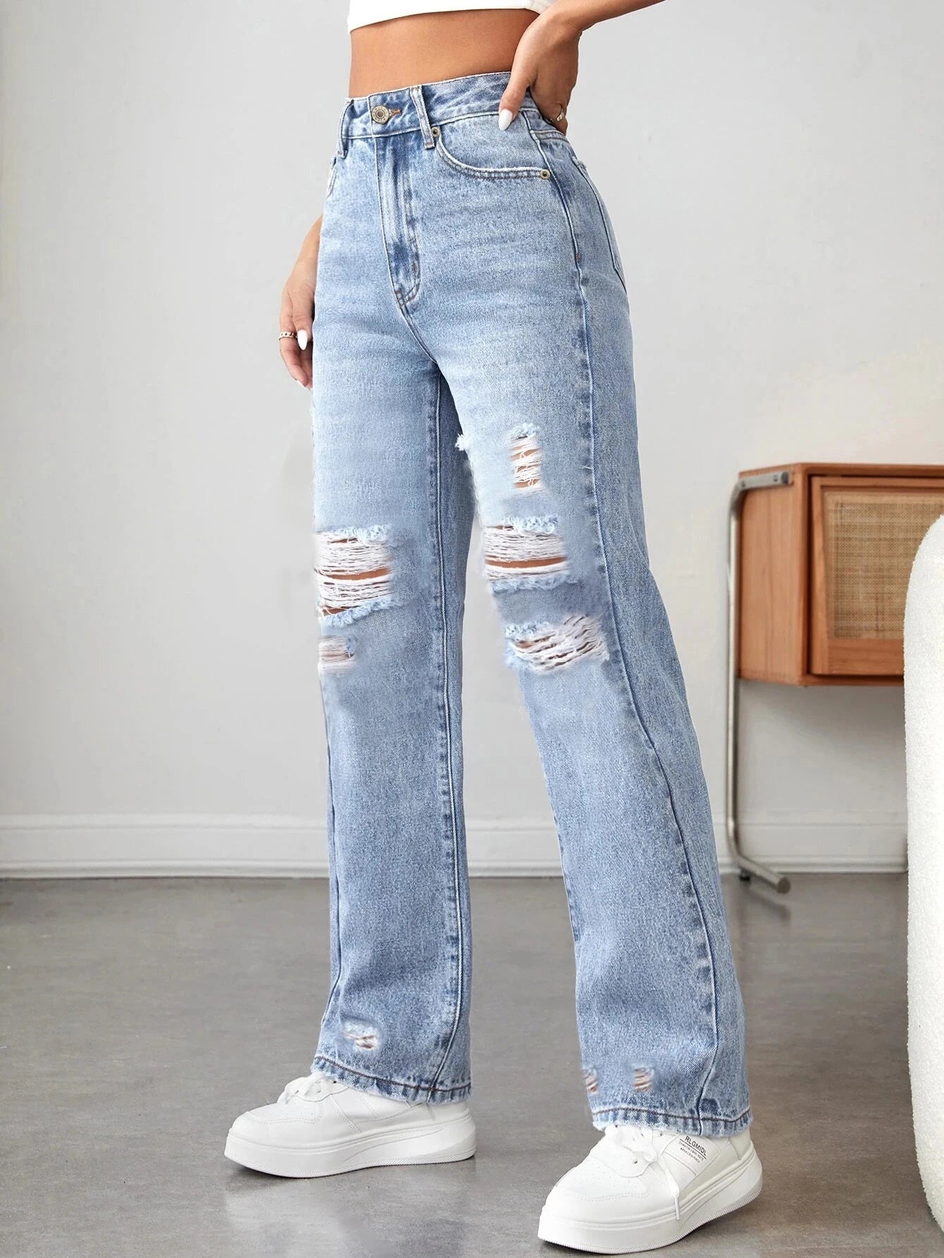 Women’s Ripped Wide-Leg Denim Pants – Loose, Comfortable, All-Match.