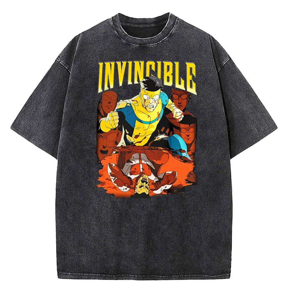 Unisex Summer T-Shirt – "Invincible Hero" Vintage Washed Cotton, Crew Neck