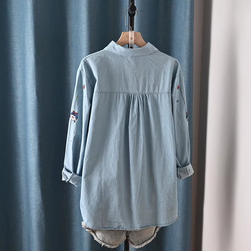 Harajuku Y2K Denim Shirt, Women's Spring Top, Floral Embroidery, Long Sleeve.