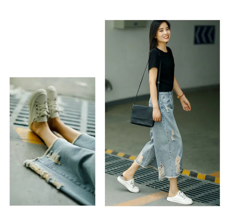 Capri Ripped Jeans for Women – High-Waist, Baggy, Wide-Leg Denim, Summer Streetwear.