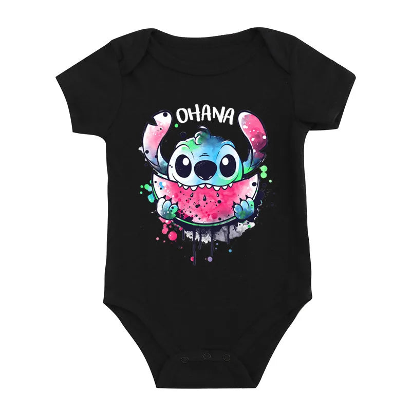 Kawaii Ohana Stitch Print Baby Romper: 100% Cotton Short Sleeve Bodysuit (0-24M)