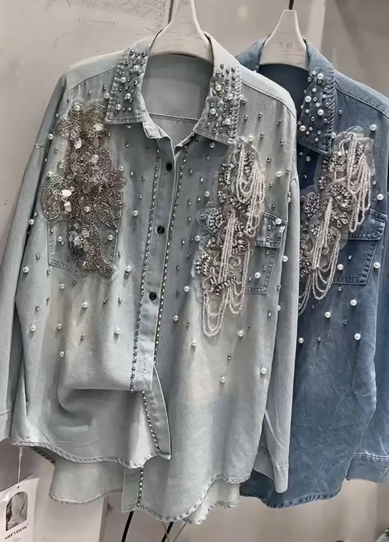 Autumn Crystal Tassel Denim Shirt, Loose Casual Top, Women's Jacket.