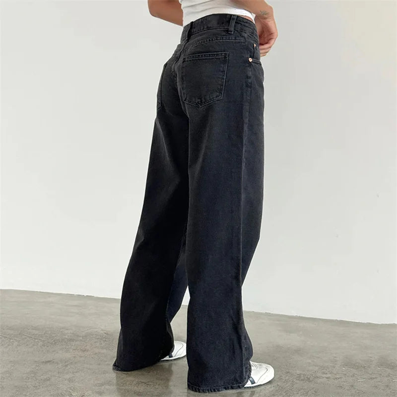Lamuusaa Y2K Jeans for Women – Low-Waist, Wide-Leg Denim with Multi Pockets.