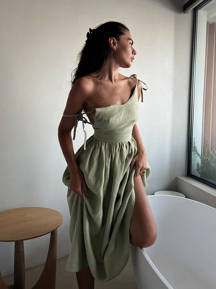 Backless Pleated Halter Dress – Summer Casual Beach Vacation
