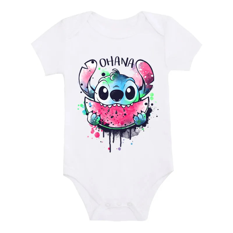 Kawaii Ohana Stitch Print Baby Romper: 100% Cotton Short Sleeve Bodysuit (0-24M)