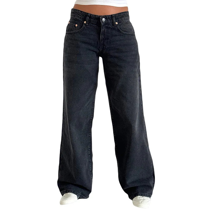 Lamuusaa Y2K Jeans for Women – Low-Waist, Wide-Leg Denim with Multi Pockets.