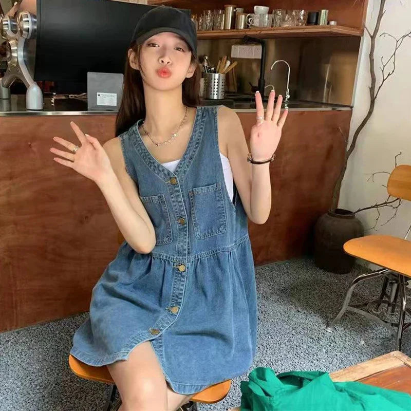 Women's Sleeveless Denim Mini Dress – Button-Up, Pockets, Korean A-Line Style