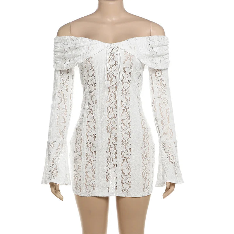 Sexy Hollow-Out Slash Neck Lace Dress – Flared Sleeves, Slim Fit Evening Party Dress