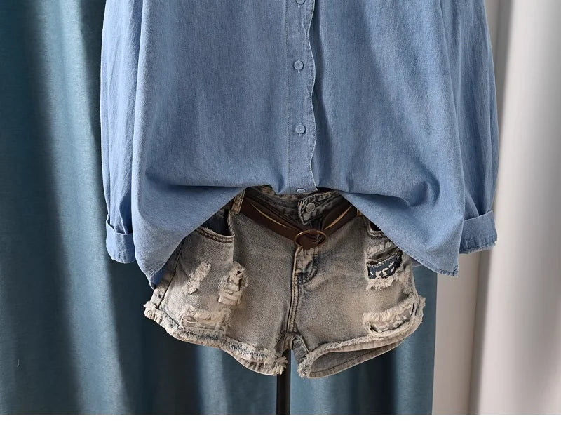 Harajuku Y2K Denim Shirt, Women's Spring Top, Floral Embroidery, Long Sleeve.