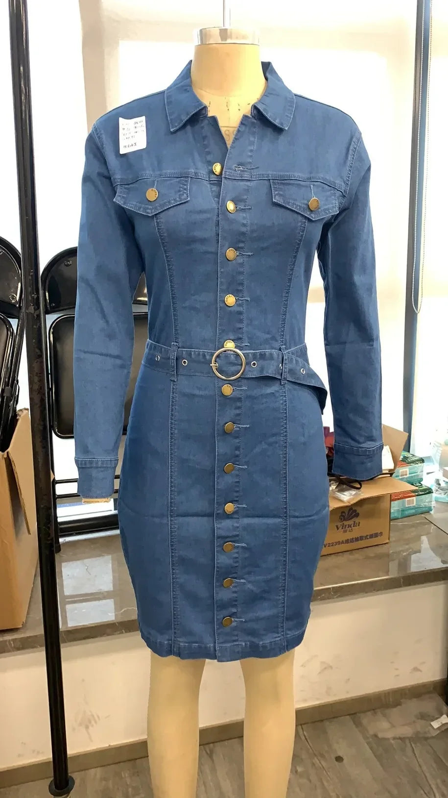 Denim Dress, Women's Lapel Slim Fit, High Waist, Long Sleeve, Single-Breasted.