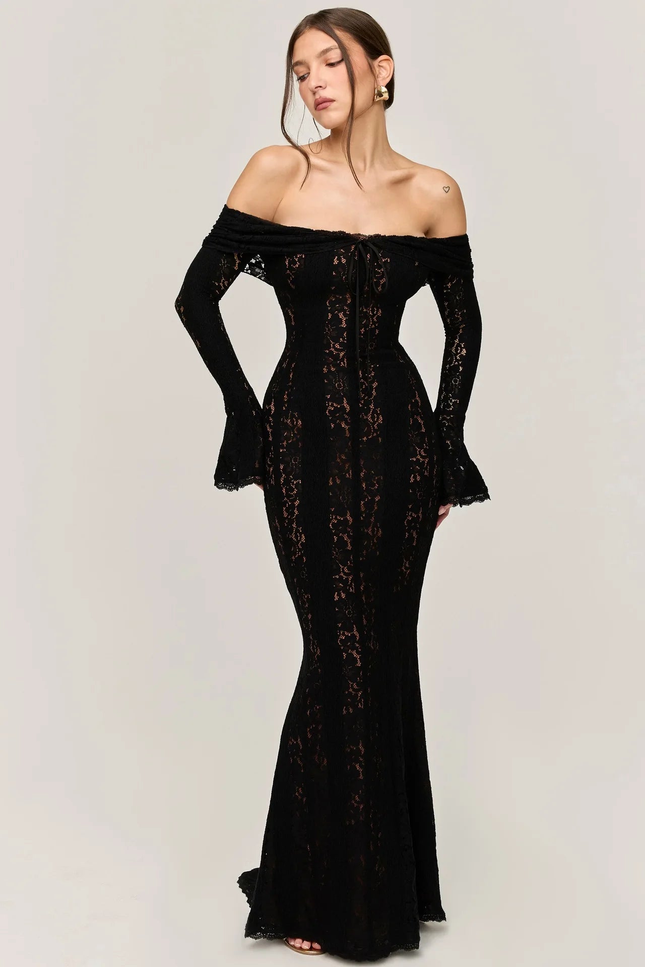 Sexy Hollow-Out Slash Neck Lace Dress – Flared Sleeves, Slim Fit Evening Party Dress