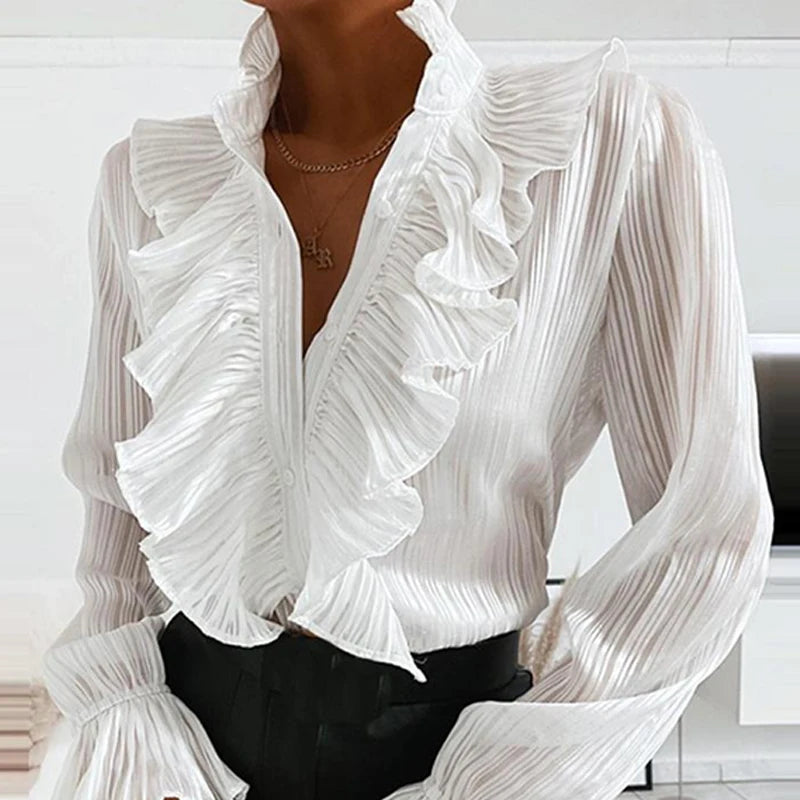 Denim Ruffled Long Sleeve Shirt, V-Neck Pleated Chiffon Blouse, Sexy Spring Office Top.
