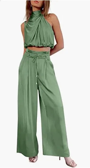 Women's 2-Piece Silk Set – Sleeveless Top & Wide Leg Pants, Summer