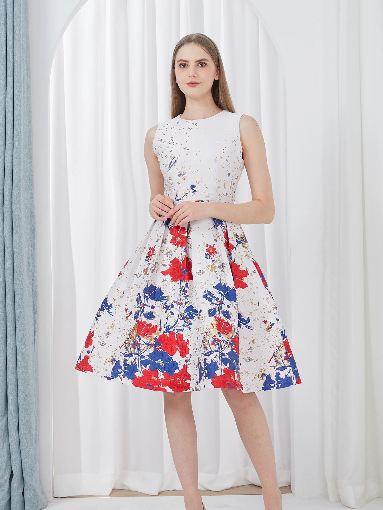 DEVCHATA Women’s Elegant Flower Jacquard Summer Ball Gown Party Dress