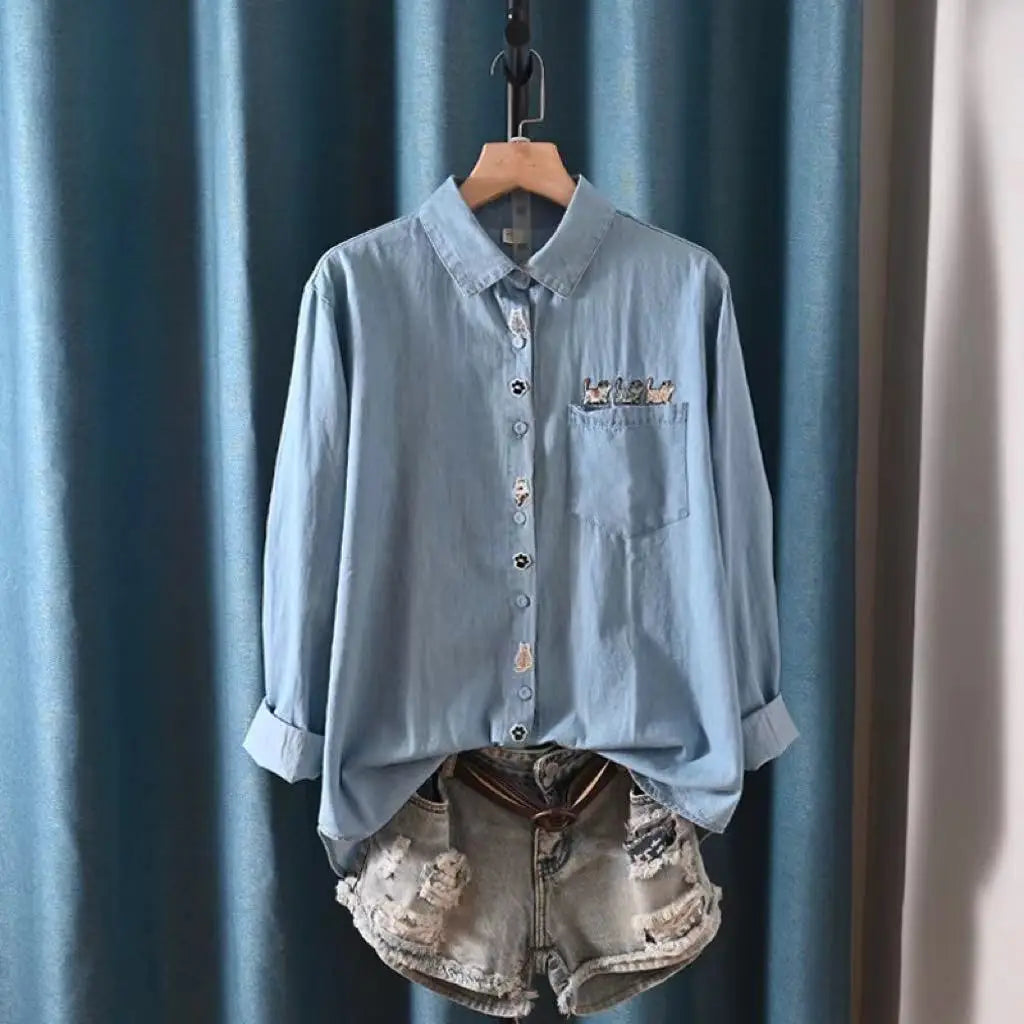 Harajuku Y2K Denim Shirt, Women's Spring Top, Floral Embroidery, Long Sleeve.