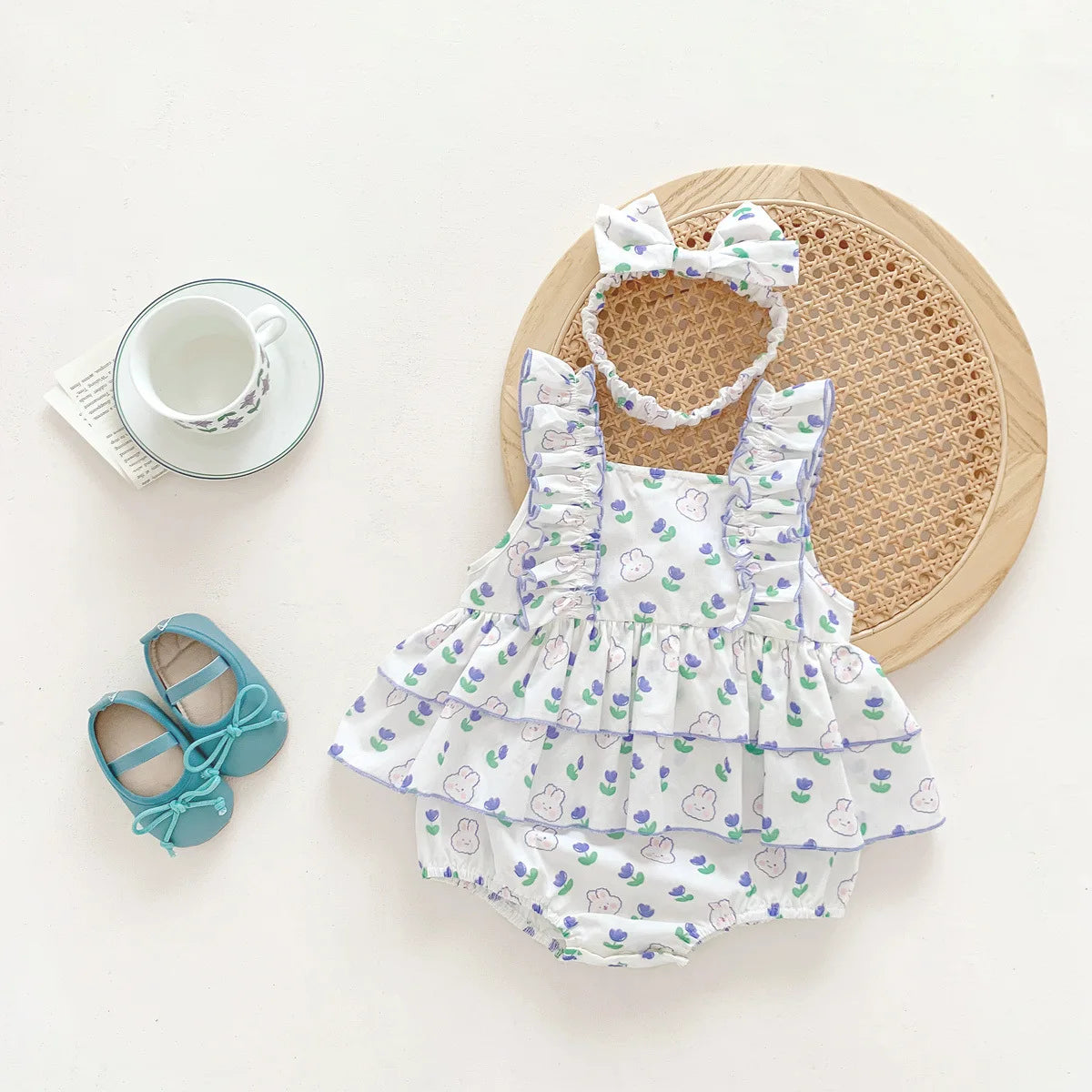 Baby Girl Romper: Summer Rabbit Print Cotton Bodysuit with Hairband