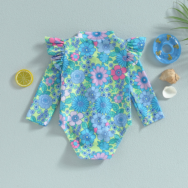 Infant Girls Rash Guard Swimsuit: Floral Print Zipper Romper for Sun Protection