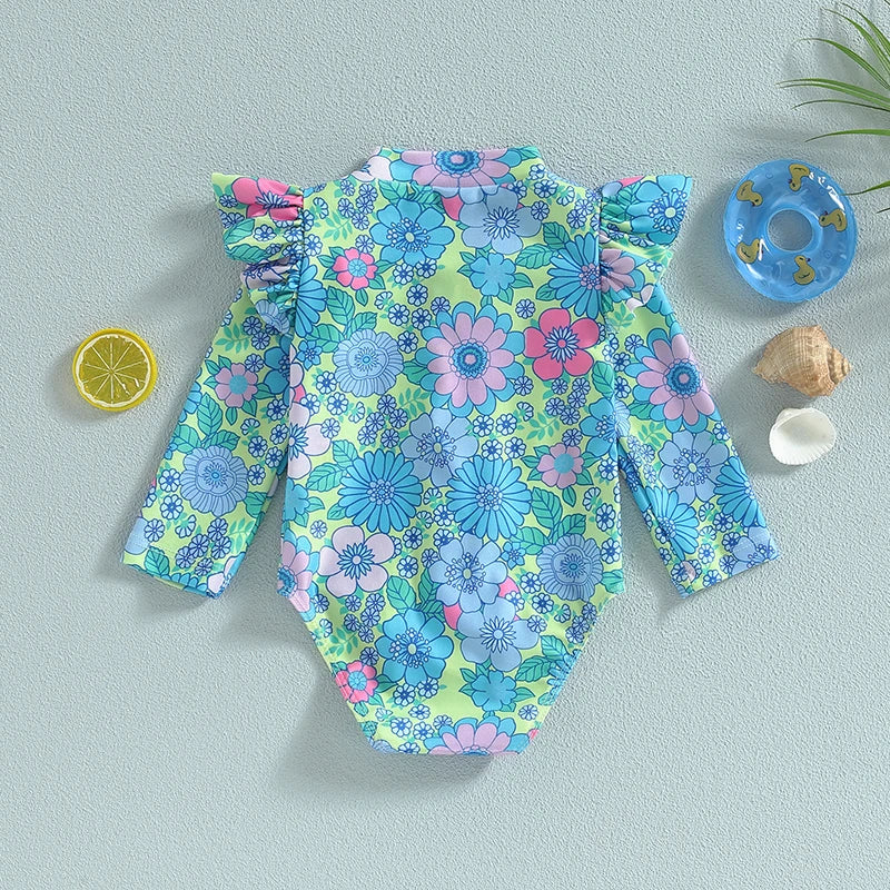 Infant Girls Rash Guard Swimsuit: Floral Print Zipper Romper for Sun Protection