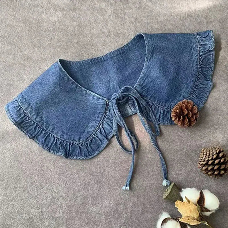 Fashion Denim Ruffle Fake Collar Shirt for Women, Detachable Lapel, Tie Half Blouse.